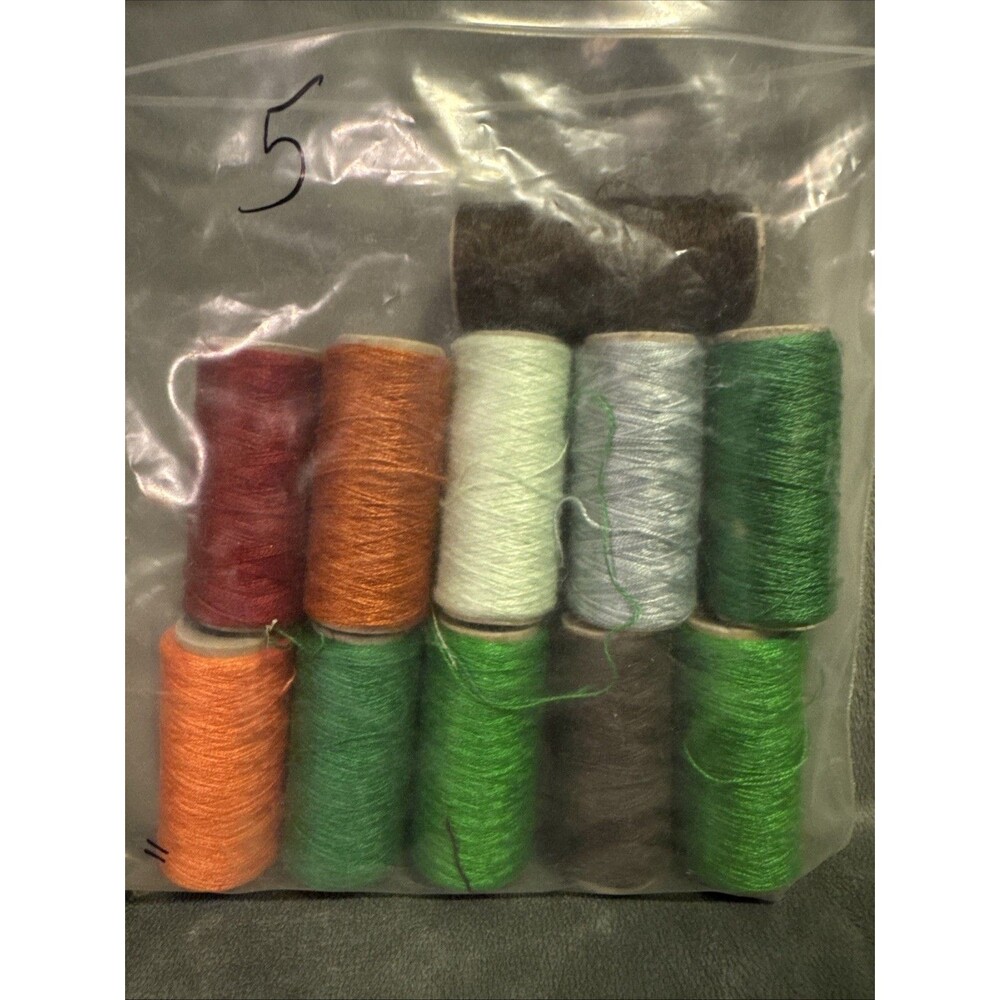 Vintage 80s 11 pc Punch Embroidery Thread Clarke's Mixed Colors Green Bag 5